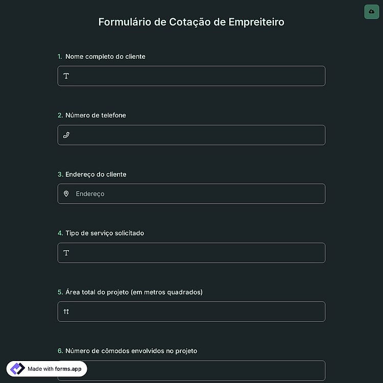 Formulário de Cotação de Empreiteiro