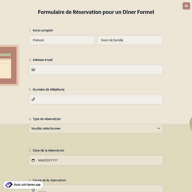 Formulaire de Réservation pour un Dîner Formel