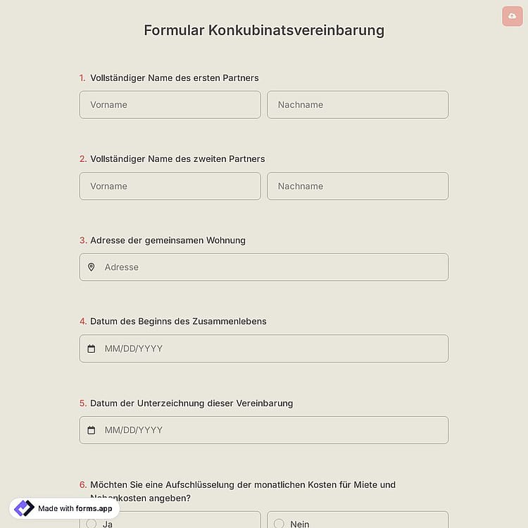 Formular Konkubinatsvereinbarung