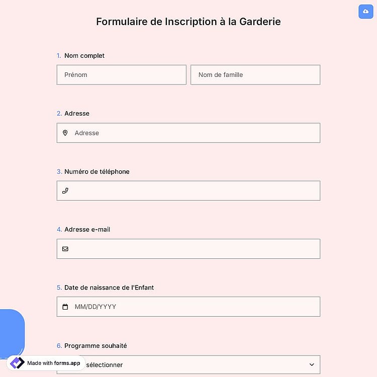 Formulaire de Inscription à la Garderie