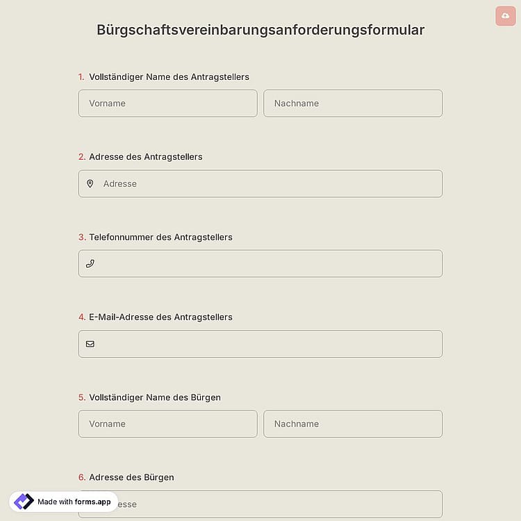 Bürgschaftsvereinbarungsanforderungsformular