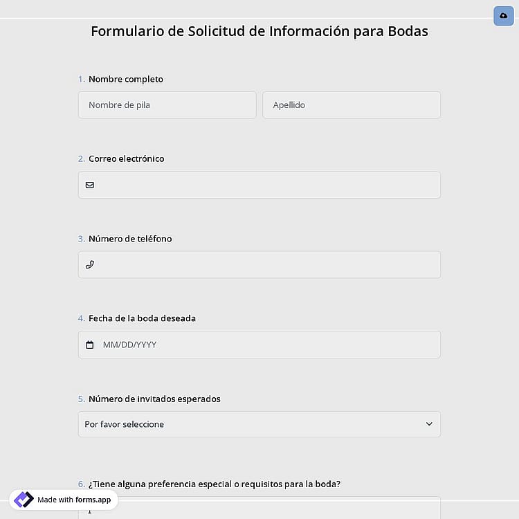 Formulario de Solicitud de Información para Bodas