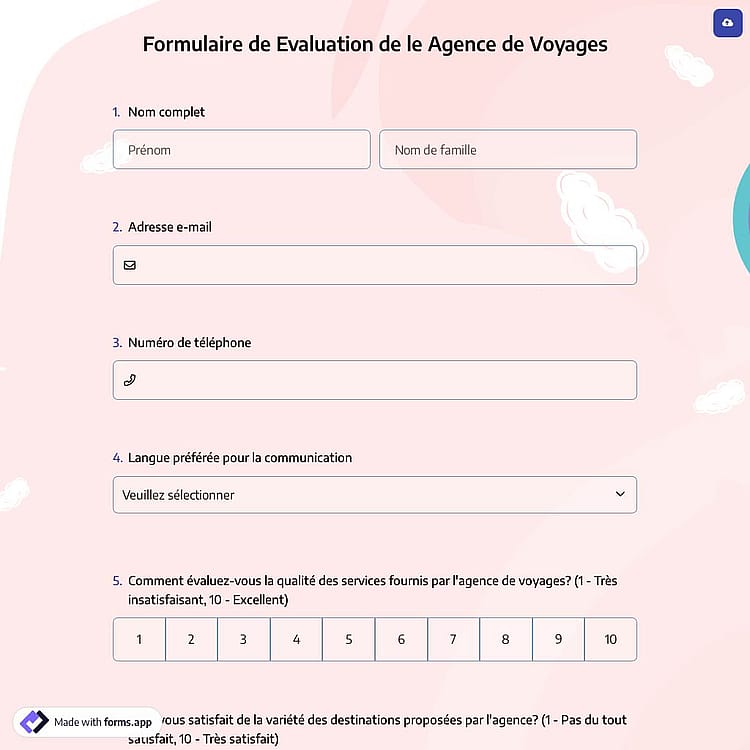 Formulaire de Evaluation de le Agence de Voyages