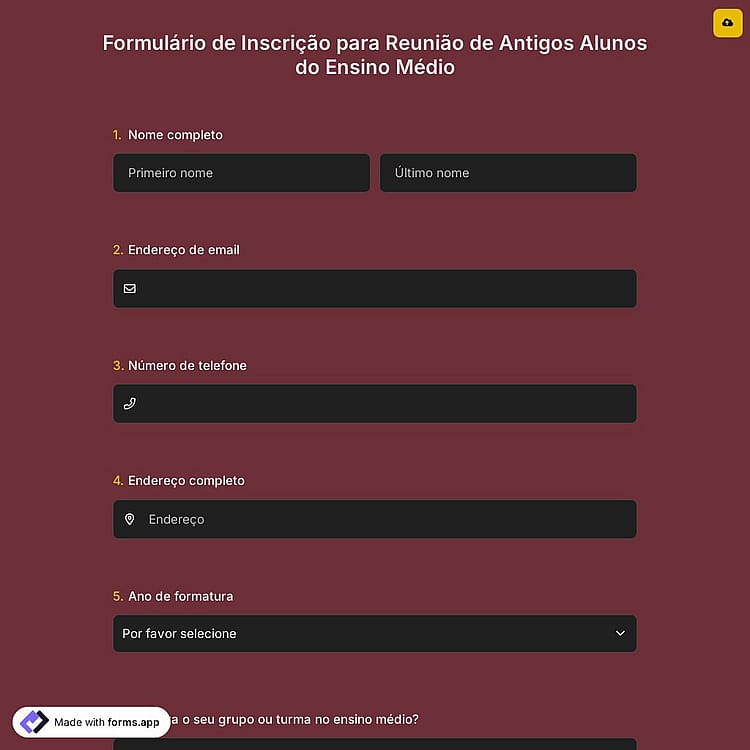 Formulário de Inscrição para Reunião de Antigos Alunos do Ensino Médio