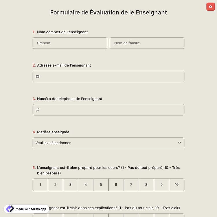 Formulaire D’appreciation des Enseignants
