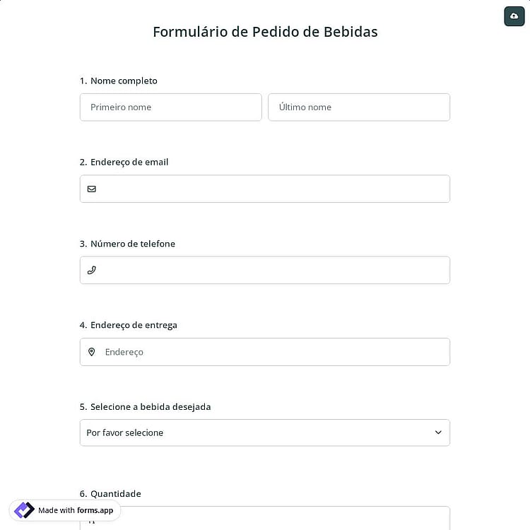 Formulário de Pedido de Bebidas