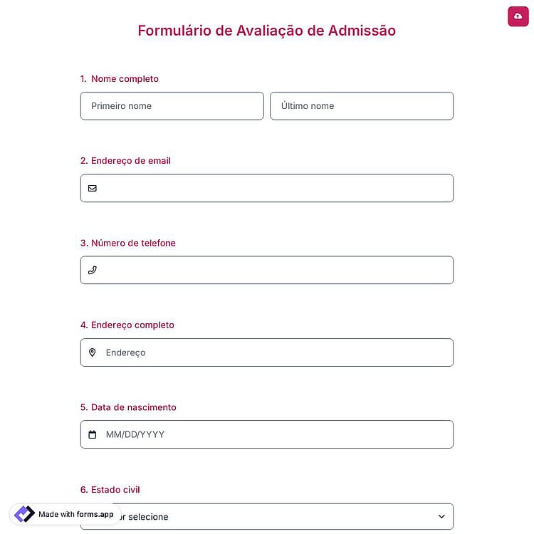 Formulário de Avaliação de Admissão