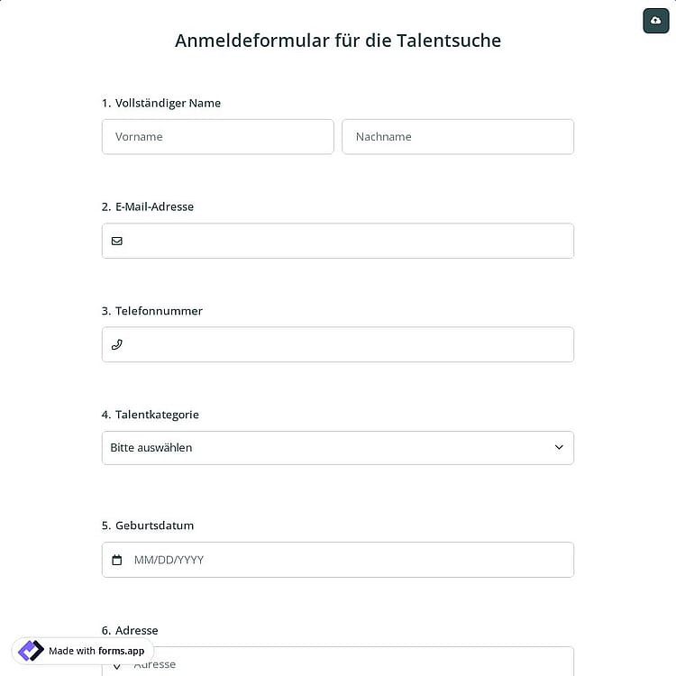 Anmeldeformular für die Talentsuche