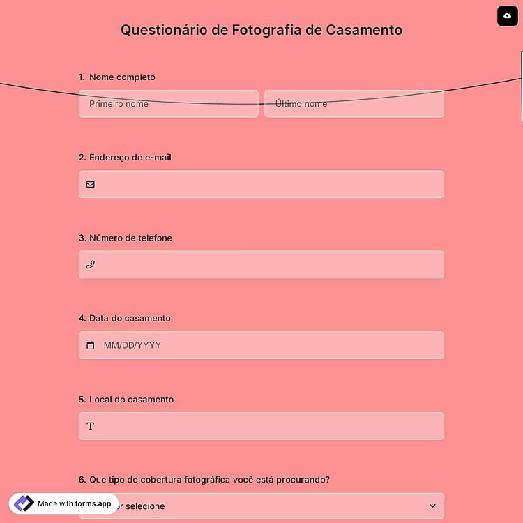 Questionário de Fotografia de Casamento