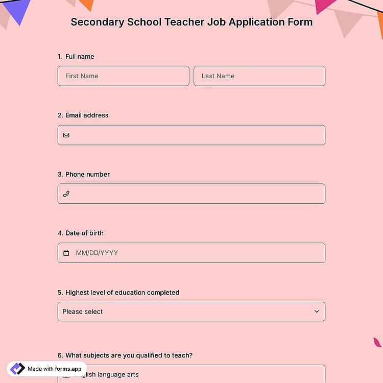 Secondary School Teacher Job Application Form