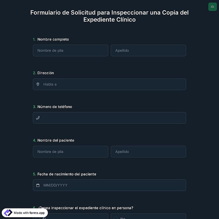 Formulario de Solicitud para Inspeccionar una Copia del Expediente Clínico