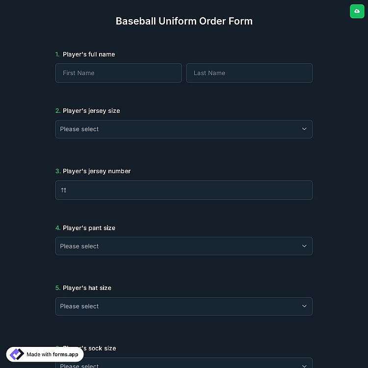 Baseball Uniform Order Form
