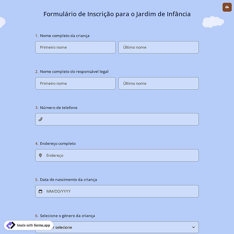 Formulário de Inscrição para o Jardim de Infância