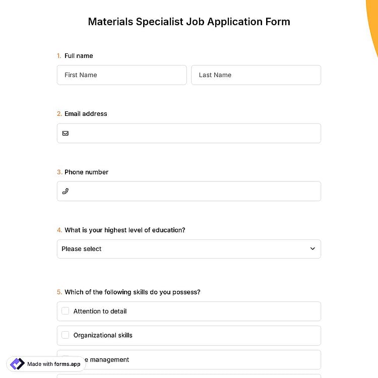 Materials Specialist Job Application Form