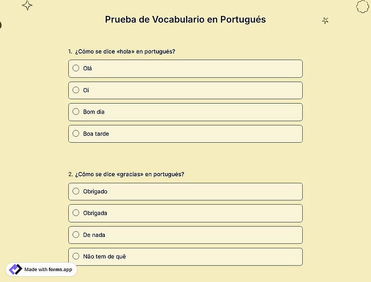 Cuestionario de Vocabulario en Portugués