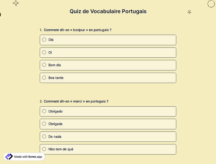 Quiz de Vocabulaire Portugais