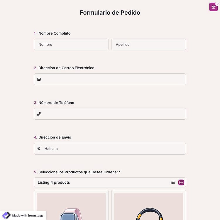 Plantilla de formulario de pedido en línea