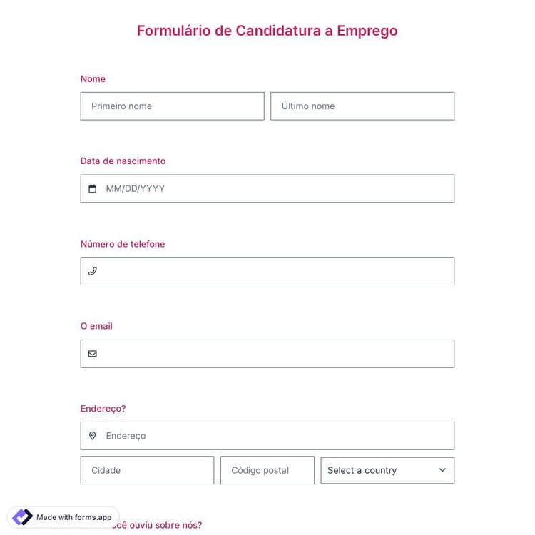 Modelo de Formulário de Candidatura a Emprego