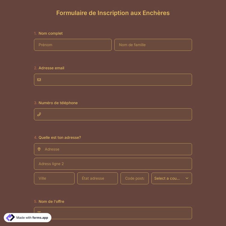 Modèle de Formulaire de Inscription aux Enchères