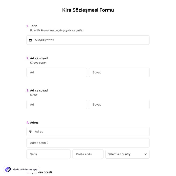 Kira Sözleşmesi Formu Şablonu