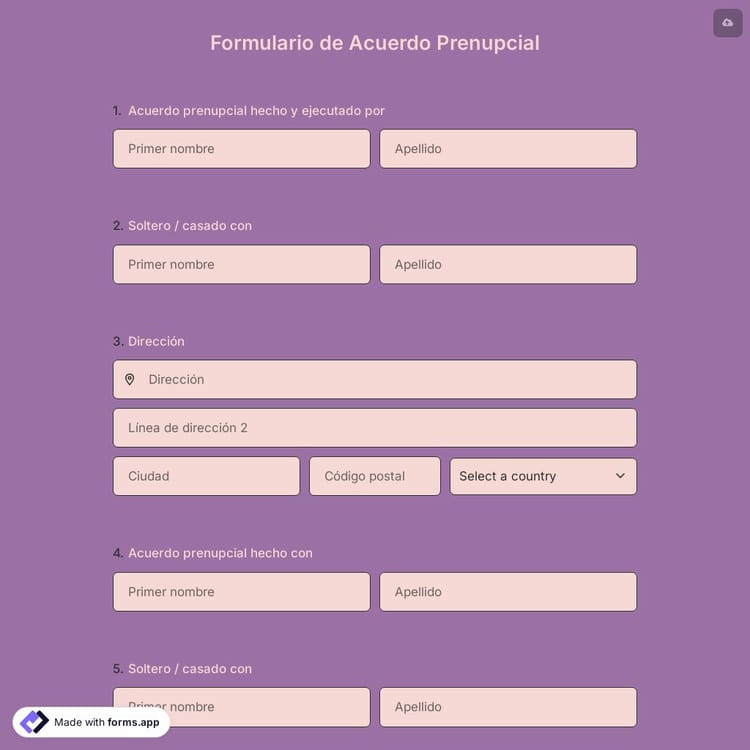 Plantilla de Formulario de Acuerdo Prenupcial