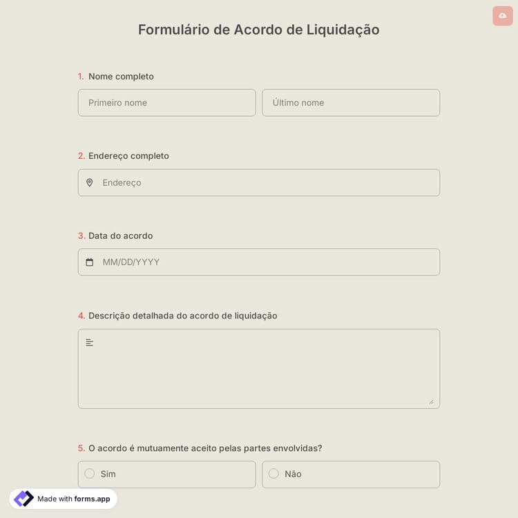 Formulário de Acordo de Liquidação