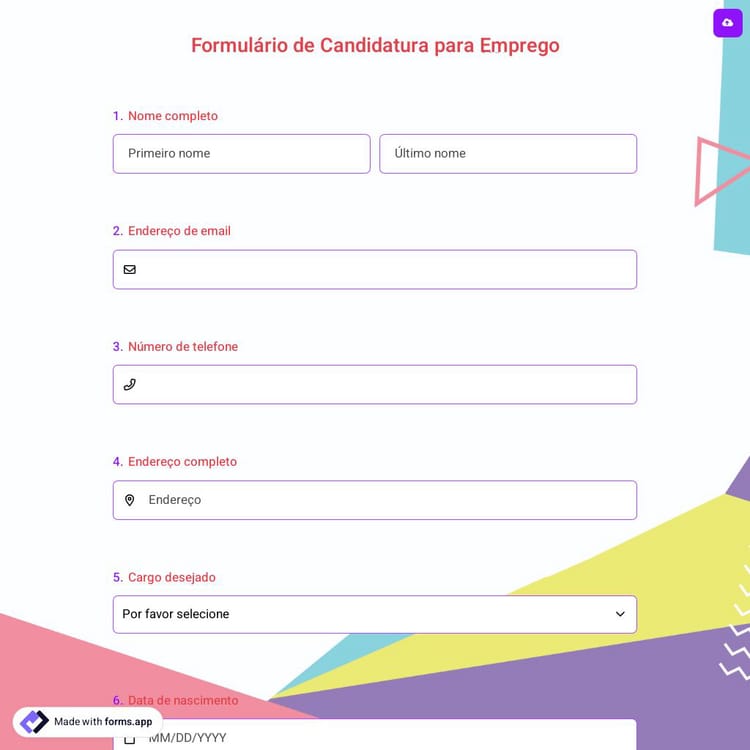 Formulário de Candidatura para Emprego