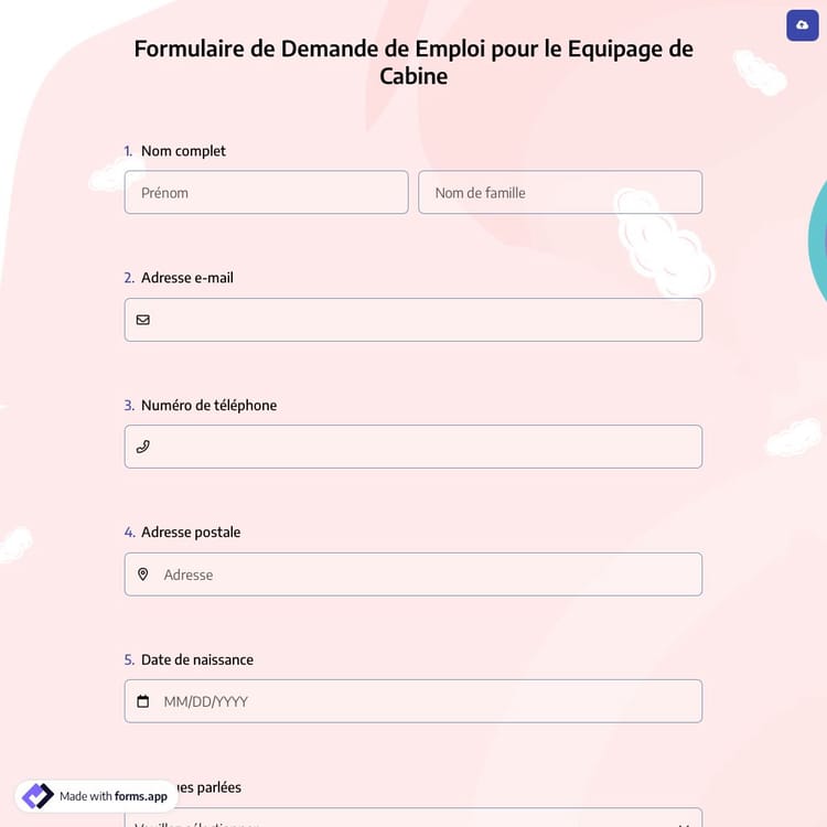 Formulaire de Demande de Emploi pour le Equipage de Cabine