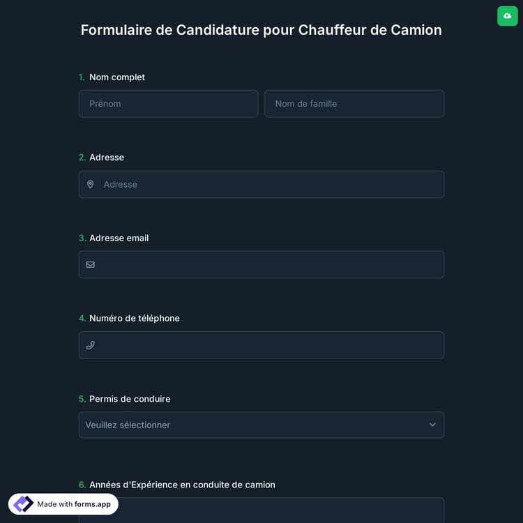 Formulaire de Candidature pour Chauffeur de Camion