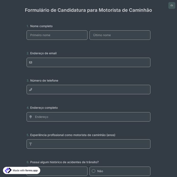 Formulário de Candidatura para Motorista de Caminhão