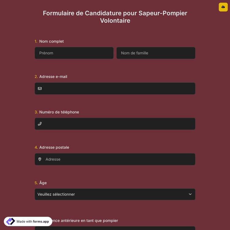 Formulaire de Candidature pour Sapeur-Pompier Volontaire