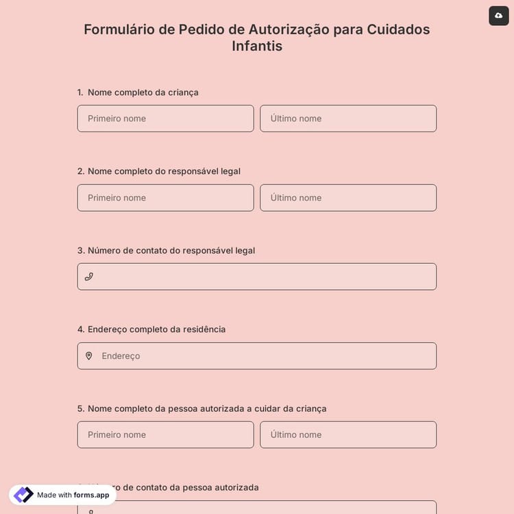 Formulário de Pedido de Autorização para Cuidados Infantis