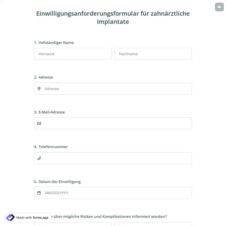 Formular für die Zustimmung zu Zahnimplantaten