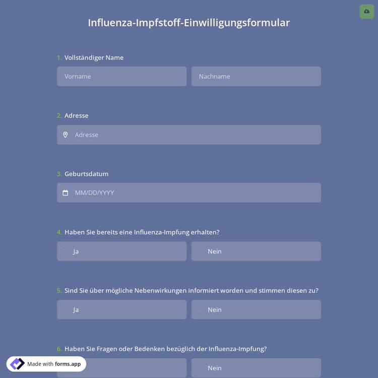 Influenza-Impfstoff-Einwilligungsformular