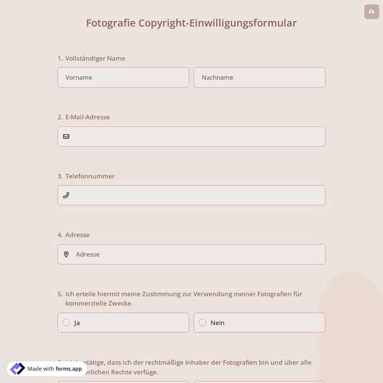 Fotografie Copyright-Einwilligungsformular