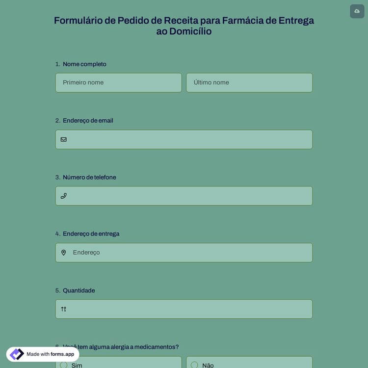 Formulário de Pedido de Receita para Farmácia de Entrega ao Domicílio