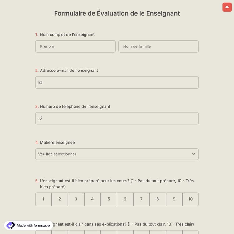 Formulaire D’appreciation des Enseignants