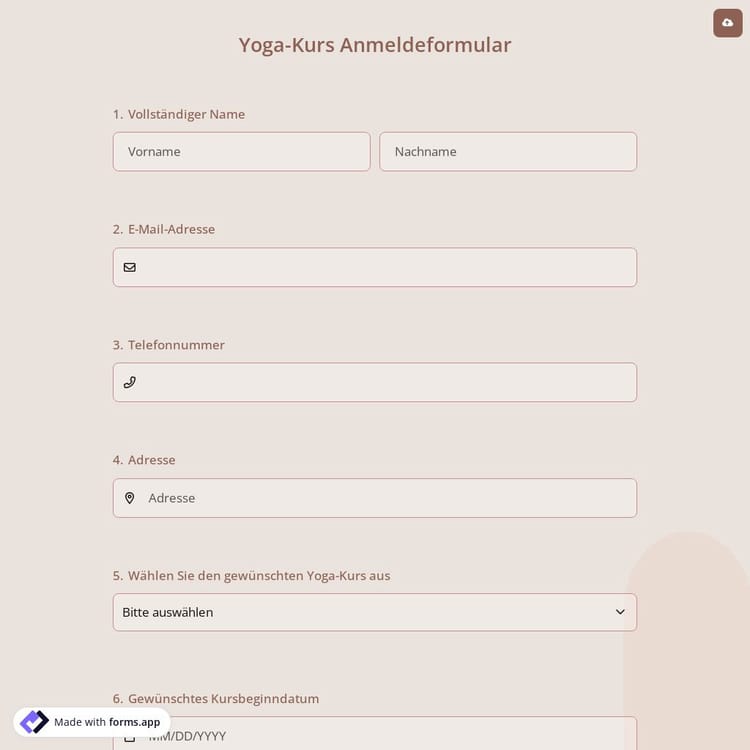 Yoga-Kurs Anmeldeformular