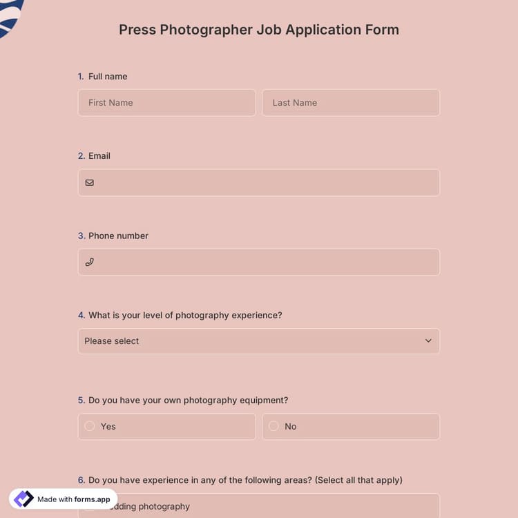 Press Photographer Job Application Form