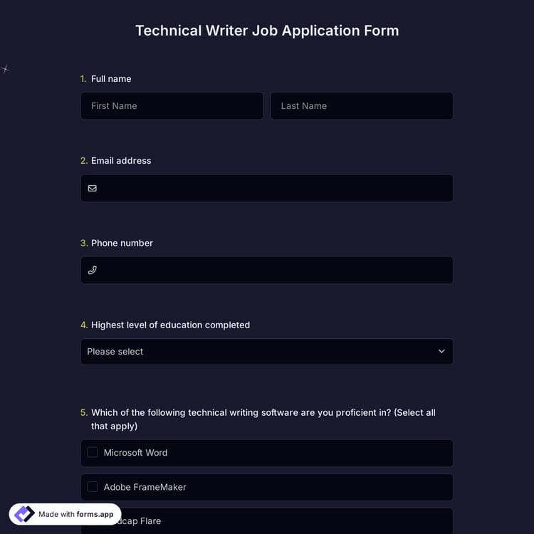 Technical Writer Job Application Form