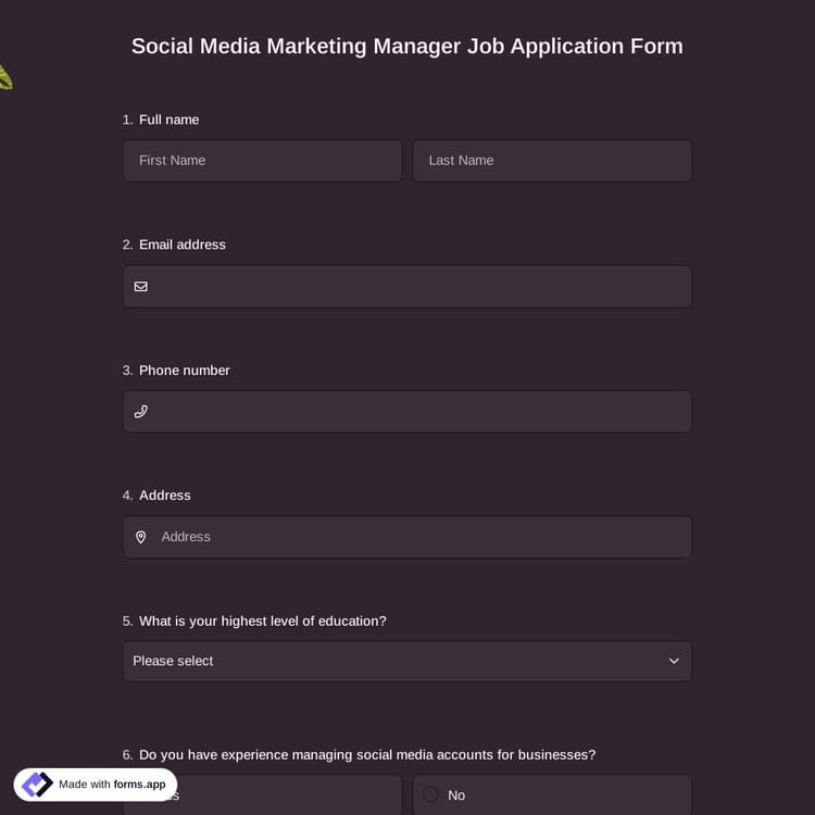 Social Media Marketing Manager Job Application Form