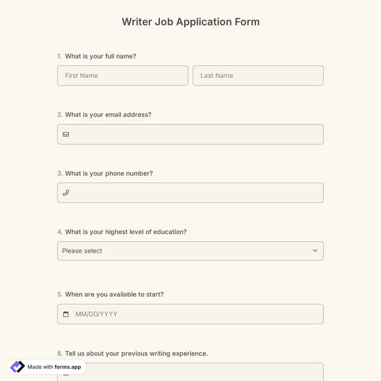 Writer Job Application Form