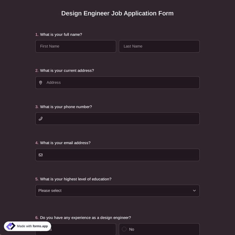 Design Engineer Job Application Form