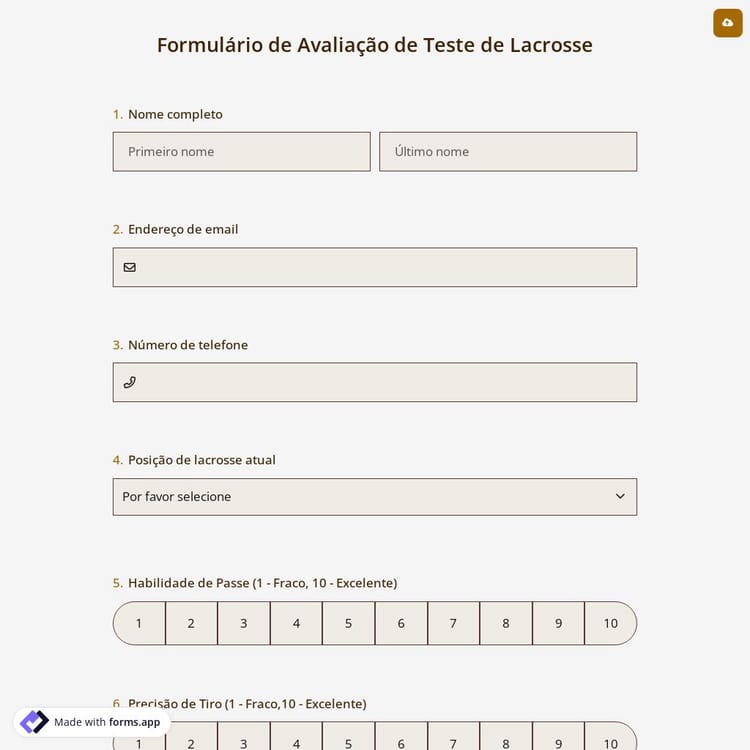 Formulário de Avaliação de Teste de Lacrosse