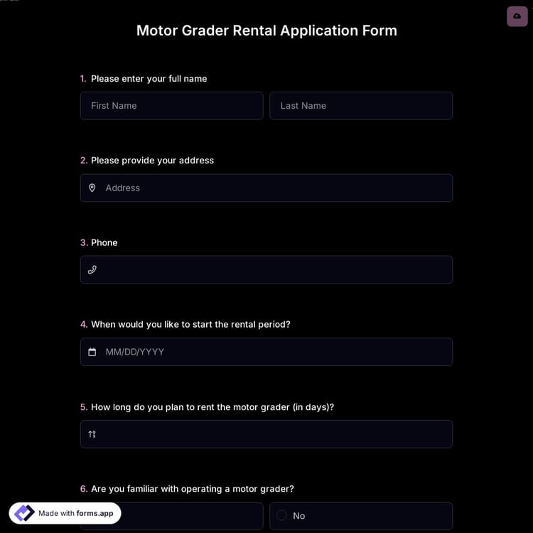 Motor Grader Rental Application Form