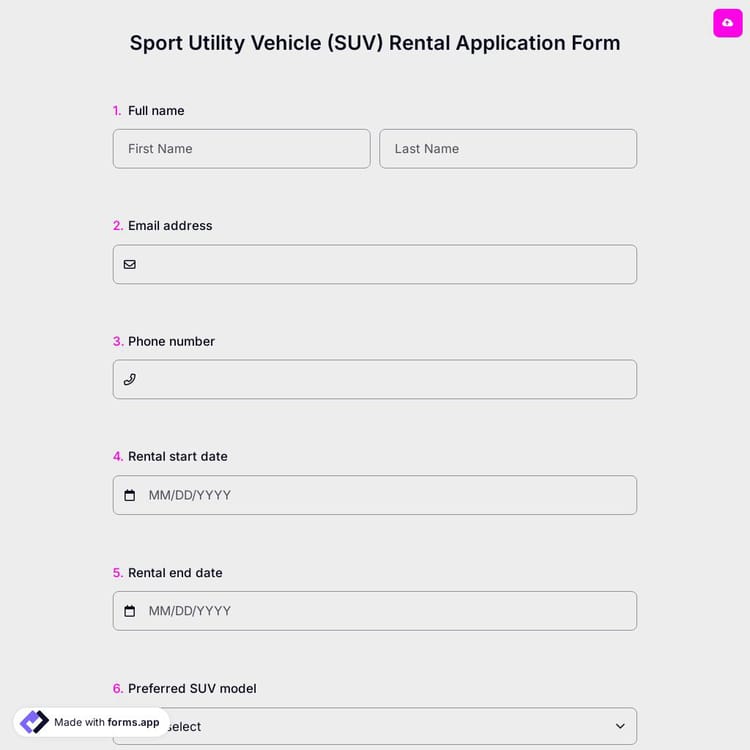 Sport Utility Vehicle (SUV) Rental Application Form