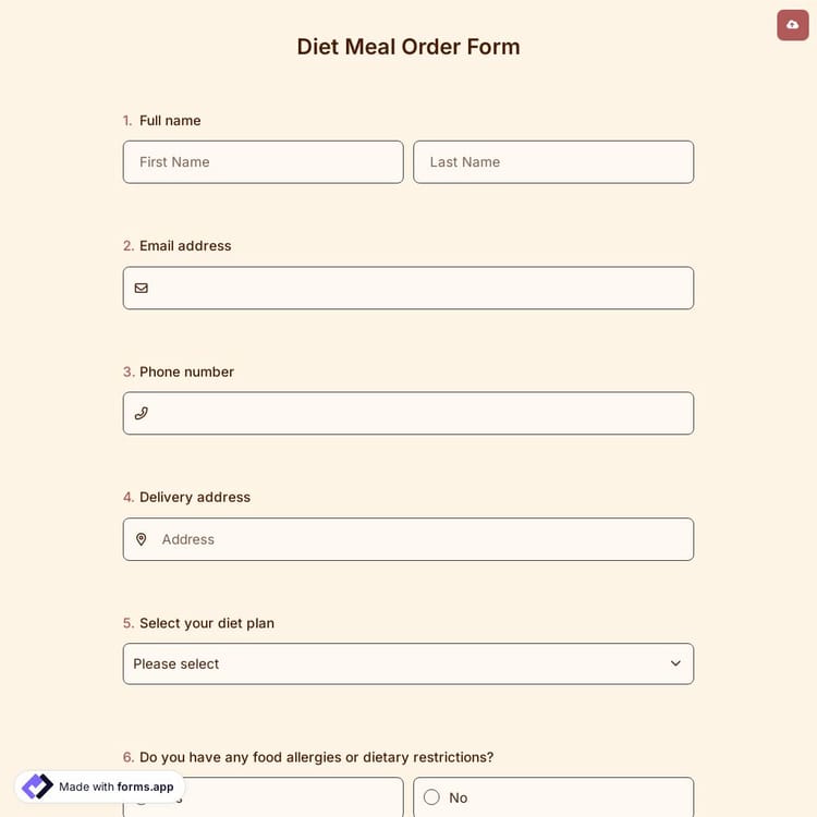 Diet Meal Order Form