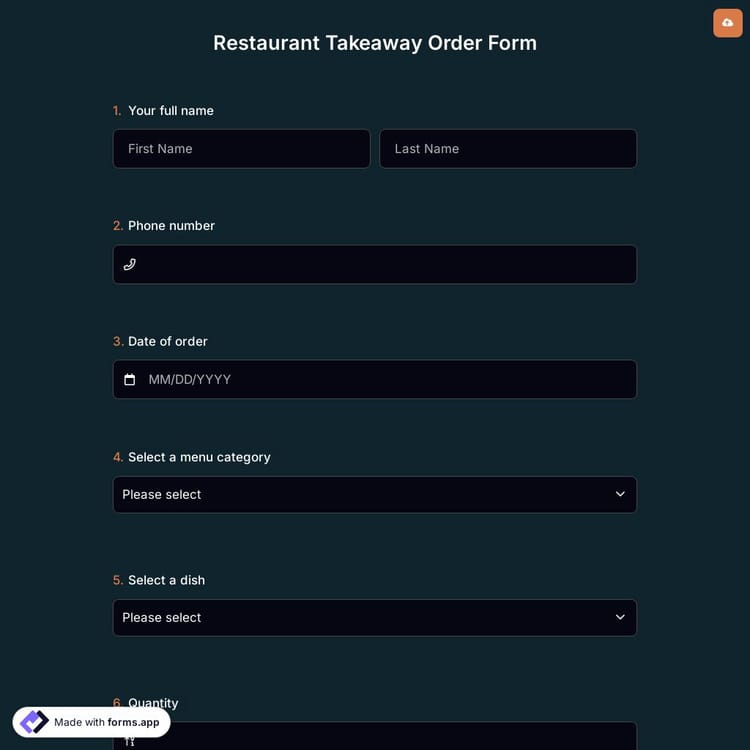 Restaurant Takeaway Order Form
