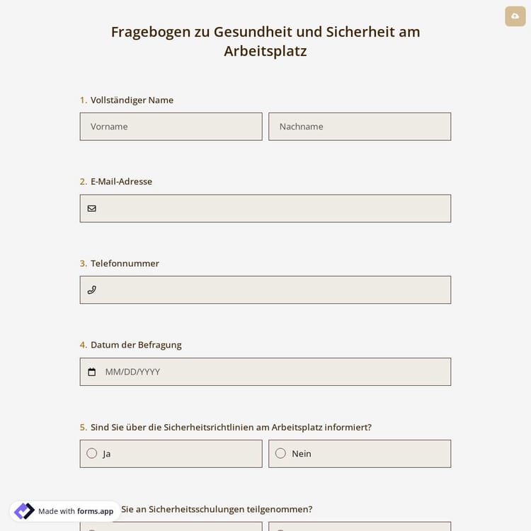 Fragebogen zu Gesundheit und Sicherheit am Arbeitsplatz