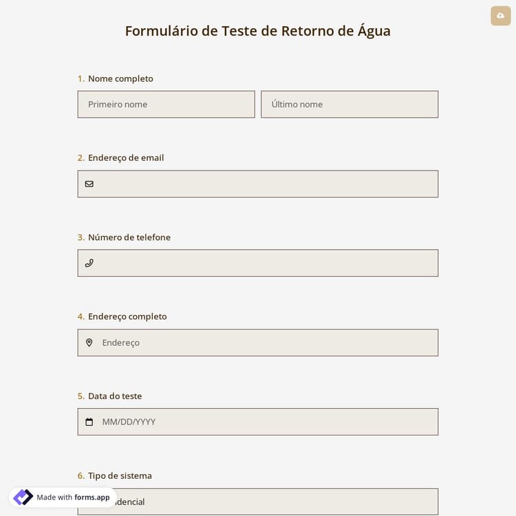 Formulário de Teste de Retorno de Água